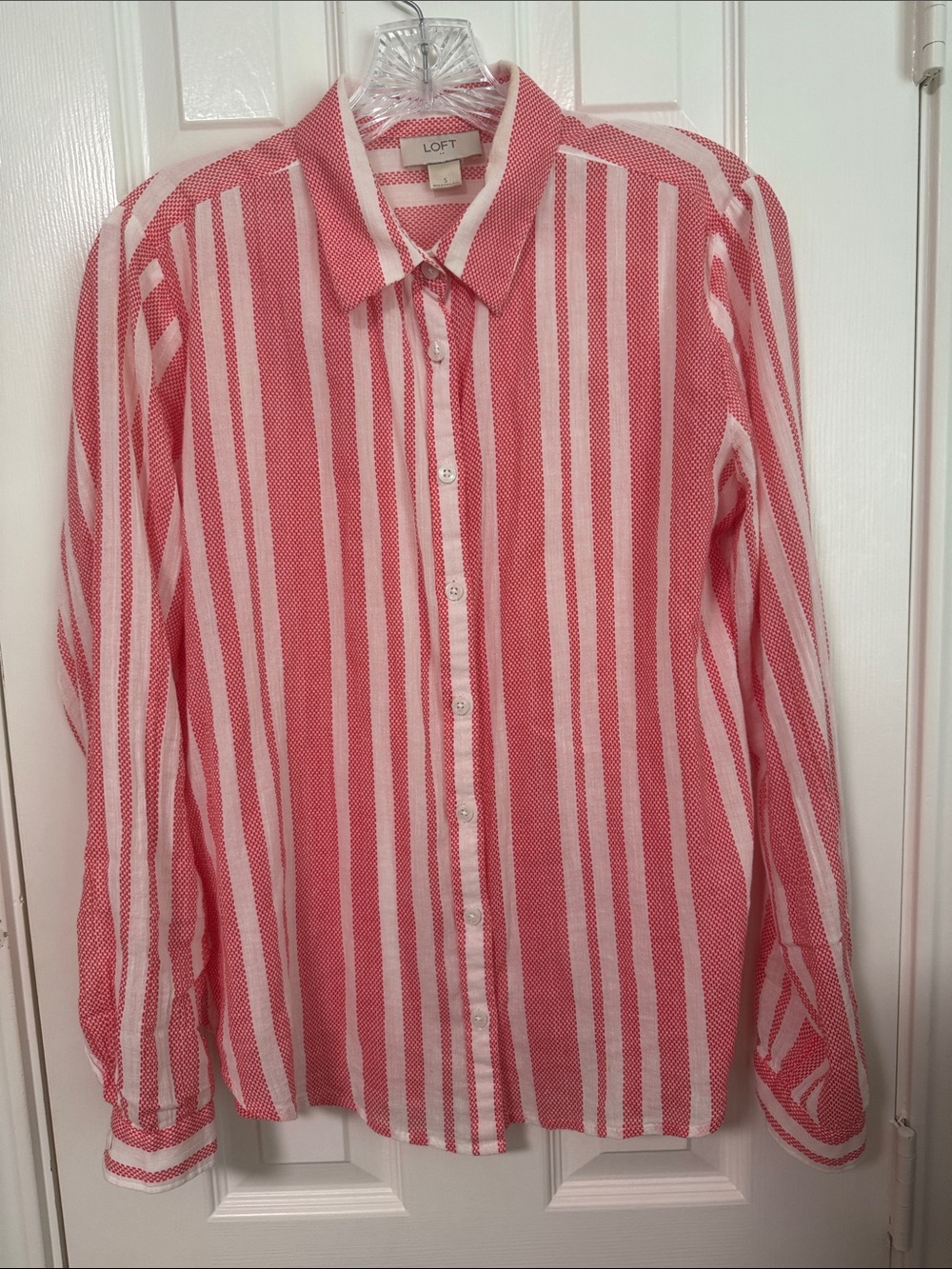 LOFT Coral and White Vertical Stripe Button-Down Shirt
